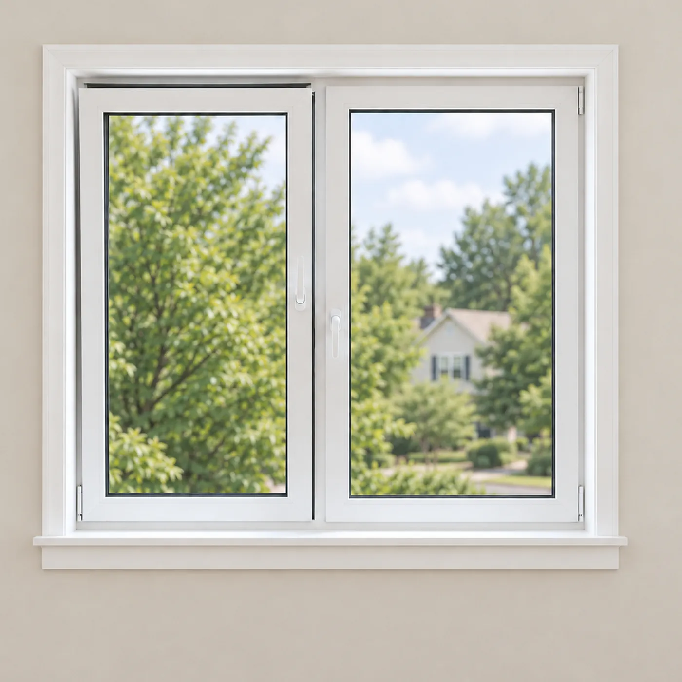 White two-sash tilt and turn window, left sash tilted, seen straight on