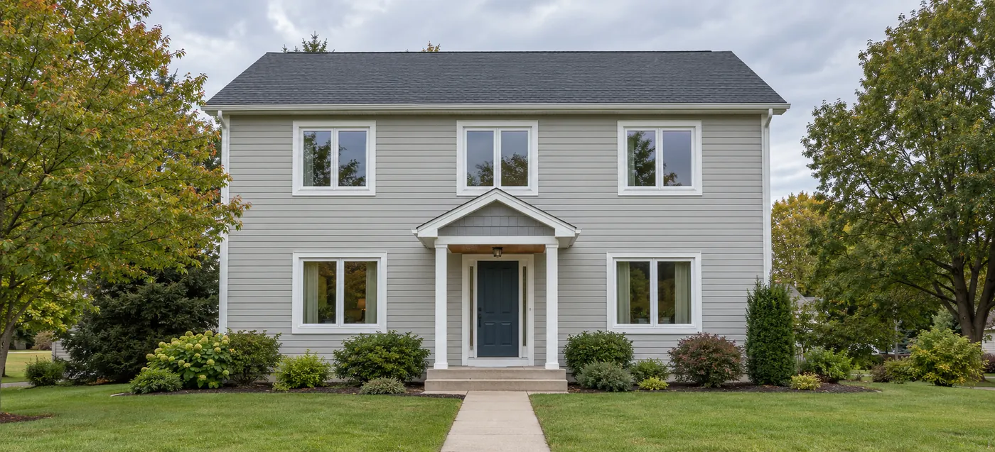 Two-storey colonial home with grey siding and white windows