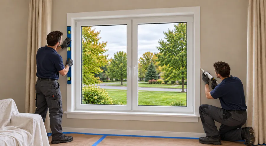 Two installers fitting the new window, floor protected with paper