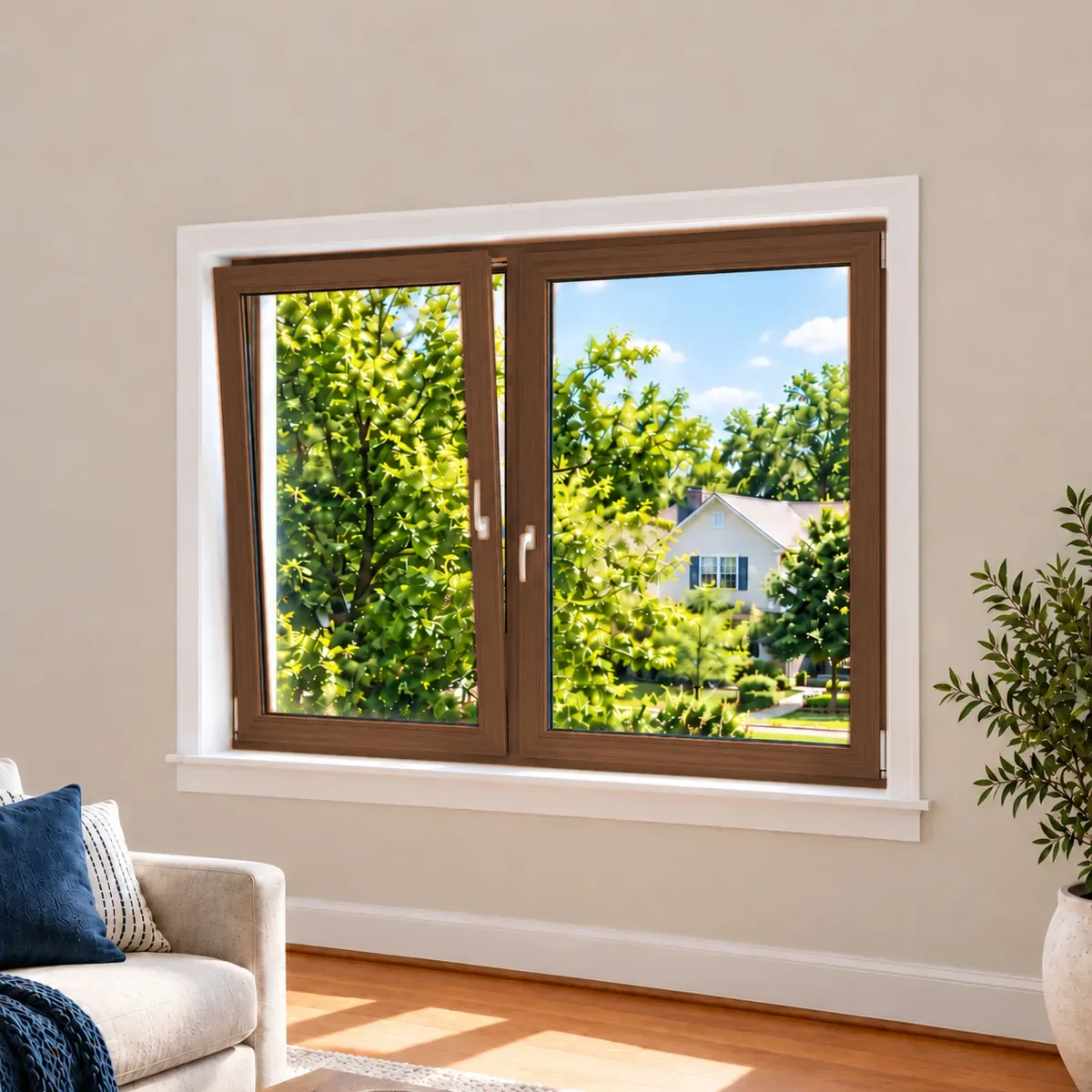 The same window with a walnut wood-look frame