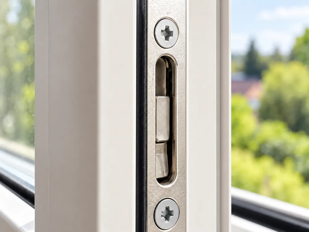 Steel locking keeper on the window frame