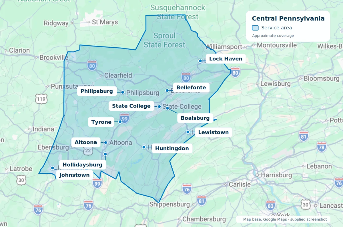 Map of Central Pennsylvania with the Uniview service area outlined, from Lock Haven and Philipsburg to Johnstown, Altoona, Huntingdon and Lewistown