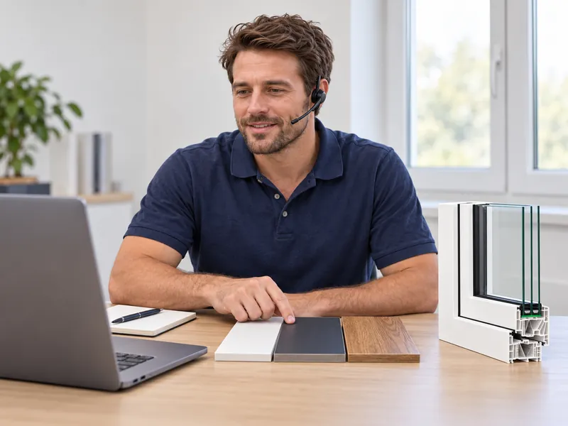 Planning specialist on a headset at a desk with frame samples