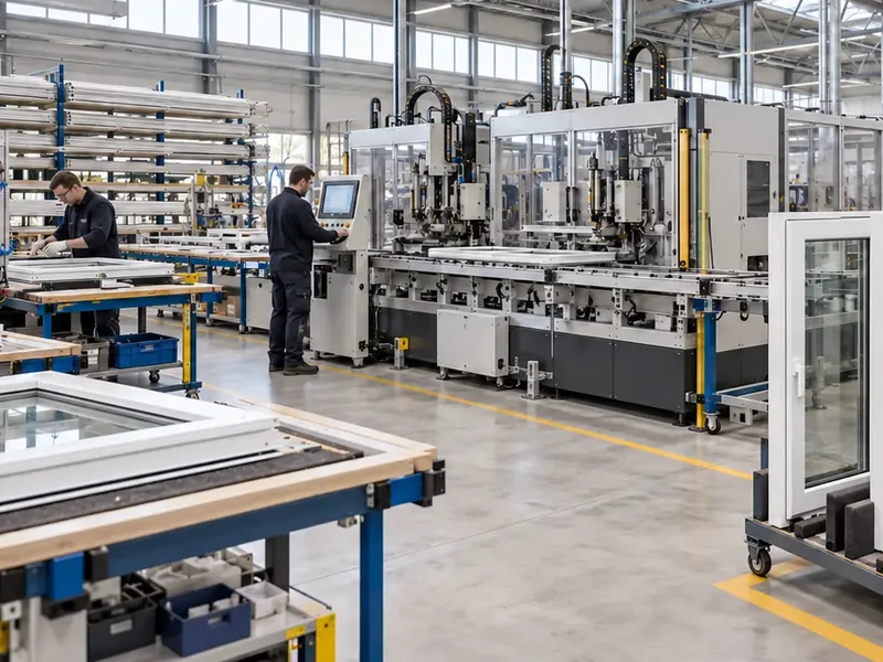 Window assembly line with two workers at the machines