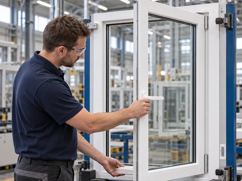 Technician opening a finished tilt and turn window on a test stand, checklist on the bench
